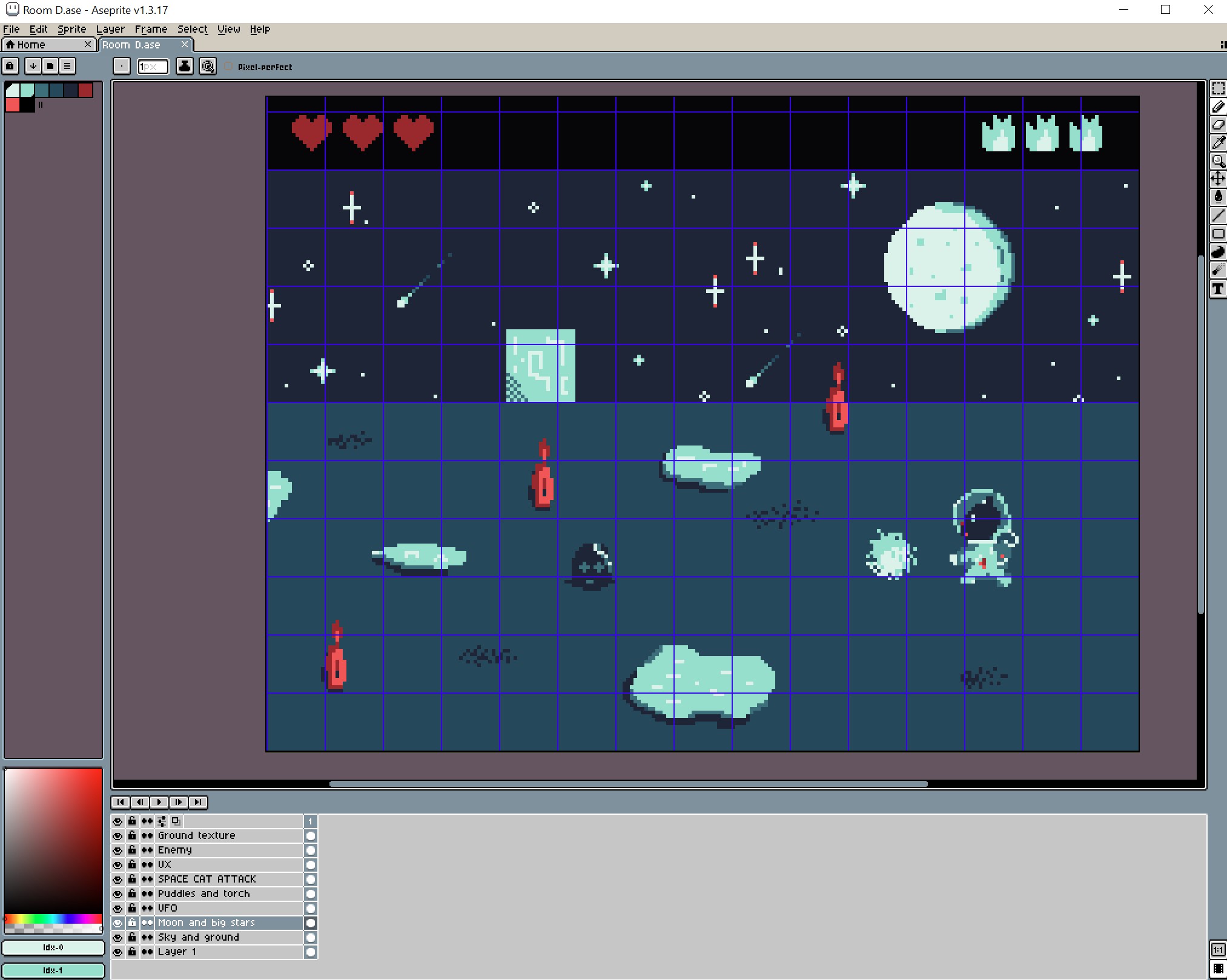 End room of Space Cat game demo on Aesprite