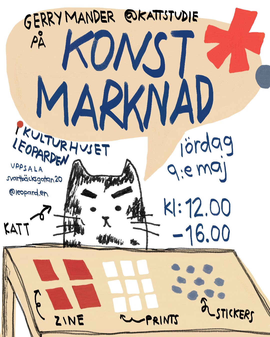 A poster advertising an art market at Kulturhuset Leoparden on 9 May 2026.